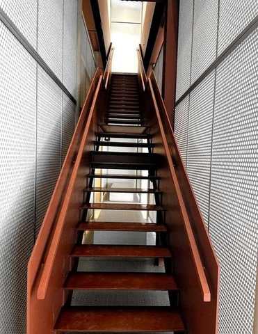 Red steel stair at Blu Dot, 715 Lexington