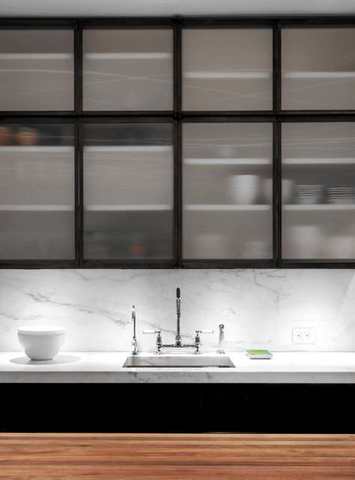 Steel-framed glass kitchen cabinets